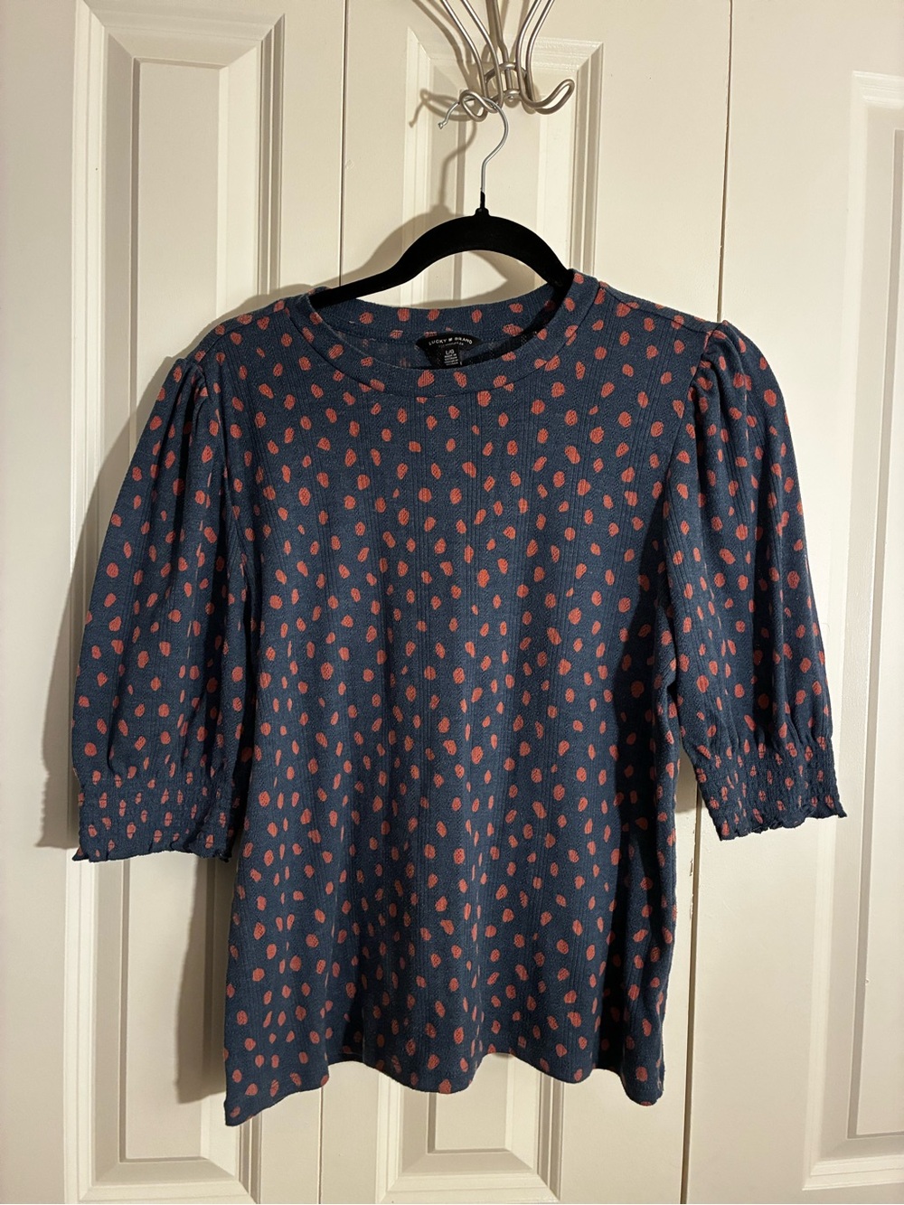 Lucky Brand Navy Puff Sleeve Tee with Polka Dot Print